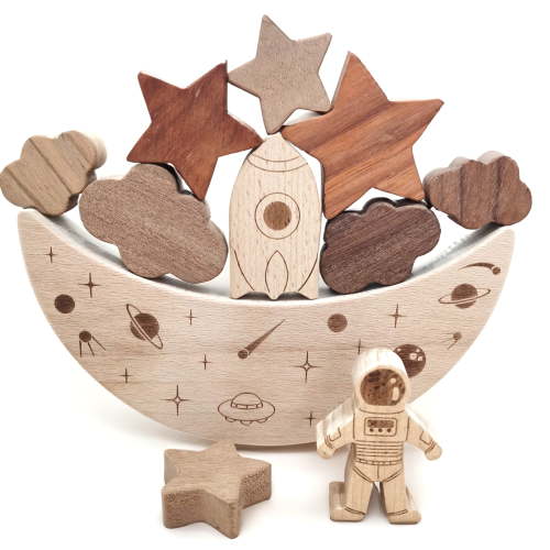 BEACENOV Montessori Wooden Balance Stacking Toys for Toddler, Wooden Stacking Blocks, Toddlers Educational Toys for Baby Boys Girls Ages 2-4 Years Old, Space Theme Balance Stacking Game,Toddler Gifts