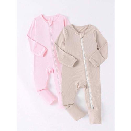 Baby Girl 2pcs/Set Bamboo Fiber Ribbed Zipper Jumpsuit, Soft, Breathable, Skin-Friendly, High Elasticity, Solid Color Combination, Long Sleeve Long Pants Double-Ended Zipper (With Foldable Sleeve Cover & Footcover) | SHEIN USA