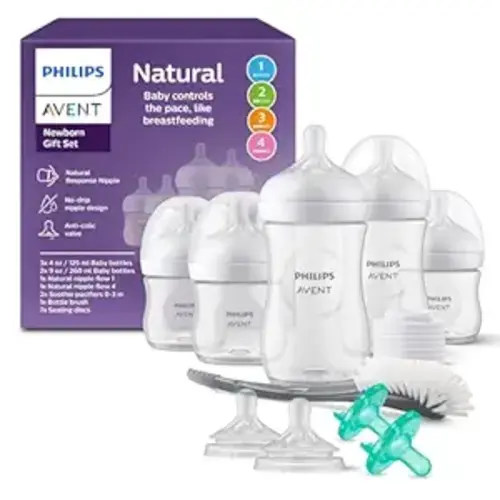 Philips Avent Natural Response Baby Gift Set - 3X 4oz Bottles with Slow Flow Nipple (Level 2), 2X 9oz Bottles with Medium Flow Nipple (Level 3), 2 Extra Nipples, 2X Soothie Pacifiers 0-3m, SCD838/02