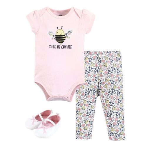 Hudson Baby Infant Girl Cotton Bodysuit, Pant and Shoe Set, Cute Bee
