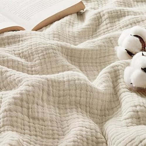 Bedsure 100% Cotton Muslin Throw Blanket Large 50x70 Inches - 4-Layer Breathable and Lightweight Thin Soft Summer Gauze Muslin Blanket for Adults, Linen Beige, Boho Cotton Throw for Couch