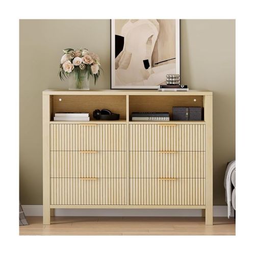 Fluted 6 Drawer Dresser for Bedroom,47.2" Wide Wooden Chest of Drawers with 2 Open Shelves,Fluted Dresser with Ample Storage,Storage Organizer