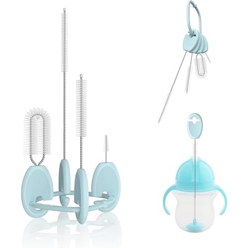 Straw Cleaner Brush Set for Baby Bottles, 4-in-1 with Stand and Key Ring, Blue