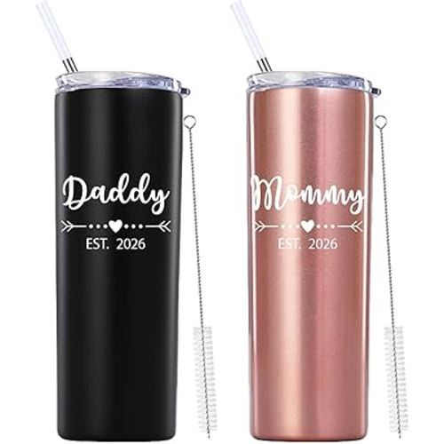 Daddy and Mommy Est 2026 Skinny Tumbler.New Parents Pregnancy Gifts.Fathers Day Mothers Day Birthday Christmas Gifts Ideas for New Mom Dad.Parents to Be Baby Shower Gifts(20oz Black&Rose Gold)