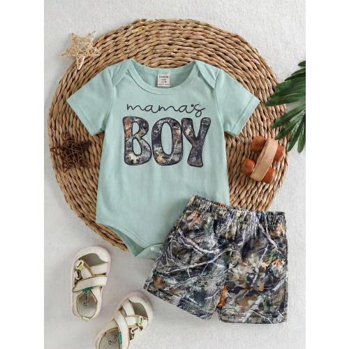 SHEIN Playful Pals Unisex Infant Toddler 0-3 Years Baby Boys Summer New Cute Forest Branch Print Romper Set, Loose Fit, Suitable For Outings, Leisure And Casual Sports, Baby Summer Clothing, Baby Outing Clothing