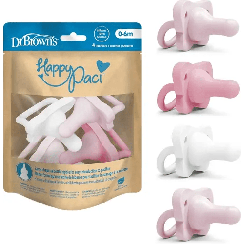 Dr. Brown's HappyPaci 100% Silicone Baby Pacifier, Contoured One-Piece Design, Light Pink/Pink/White, 0-6m, BPA-Free, 4-Pack