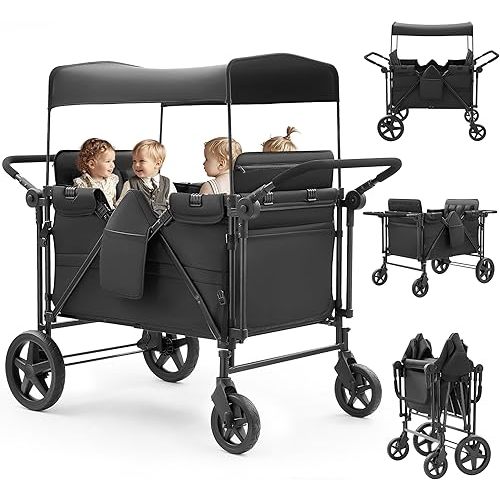 Stroller Wagon for 4 Kids, Wagon Stroller 4 Seater with Dual Push Handles, Adjustable Canopy, 5-Point Harnesses and High Seat, All Terrain Foldable Quad Wagons for Kids Outdoor