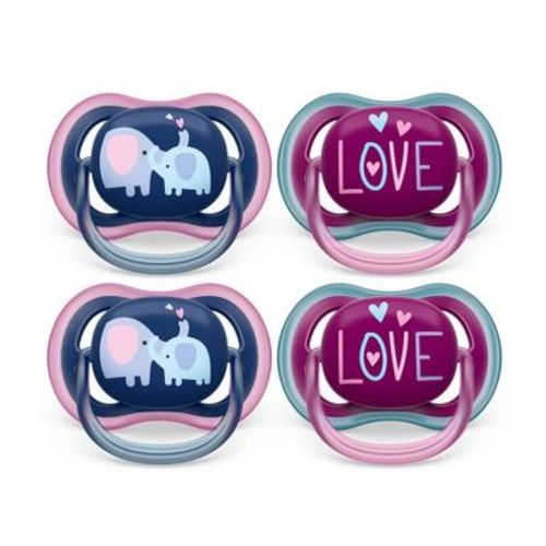 Avent Philips Ultra Air Pacifier 18 Months+ - Steel Blue Elephant/Pink Hello - 4pk: Silicone, BPA-Free
