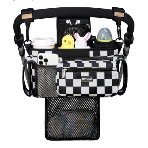 TOPDesign Universal Baby Stroller Organizer, Stroller Caddy with Detachable Mesh Bag & Heightened Insulated Cup Holders & Non-Slip Secure Hooks Accessories, Fits Most Strollers (Checkerboard)