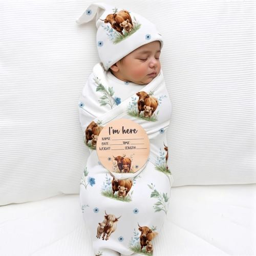 Ylsteed Baby Highland Cow Swaddle Blanket and Headband Set, Newborn Receiving Blanket Swaddle Wrap for Girls and Boys, Swaddling Blankets Neutral for Newborn 32 * 32 in (Highland Cow Blue)