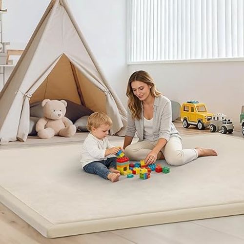Baby Play Mat– 59"X79" Soft Rug Mat for Floor, Memory Foam Crawling Rug for Babies, Toddlers, Kids – 1.3" Thick, Nursery & Playroom Area Tatami Mats,Beige