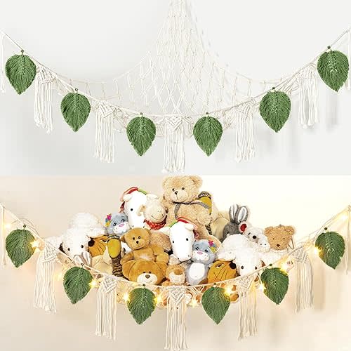 Dremisland Stuffed Animal Toy Net Hammock with Star Light Boho Leaf Macrame Tassel Corner Toy Organizer Bohemian Woven Decor Display Holder for Girls Room Nursery Kids Bedroom Play Room Decor (Green)