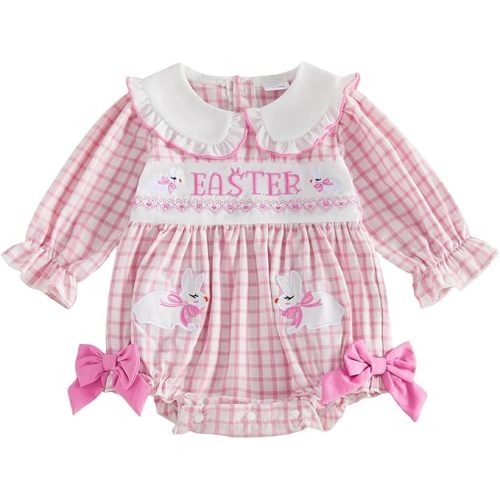 MoZiKQin Baby Girl Thanksgiving Outfit Turkey Bubble Romper Long Sleeve Doll Collar Plaid Jumpsuit Boutique Fall Clothes