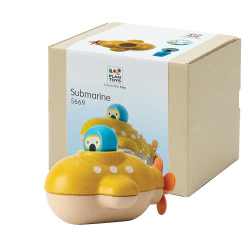 PlanToys® Submarine Wooden Baby Bath Toy for Toddlers | Waterproof Pool Toy | Educational Bathtub Toy for Fine Motor Skills & Imagination | Non-Toxic Toy 18+ Months