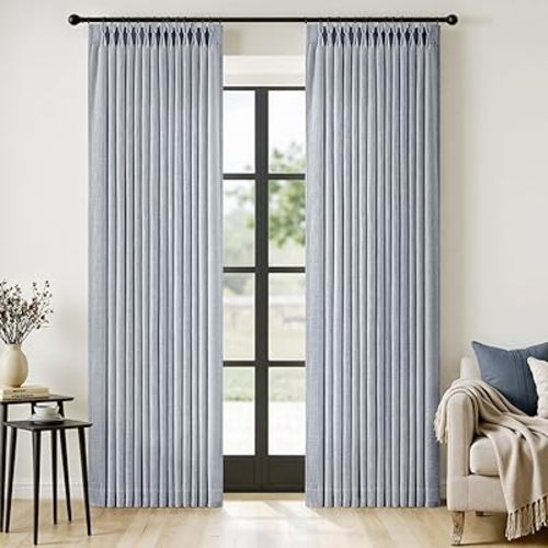 MIULEE Pinch Pleated Thick Linen Curtains 84 Inches Long 2 Panels for Living Room Bedroom, Linen Textured Memory Trained Drapes Pleat Back Tab Light Filtering Light Blue Window Curtains with Hooks