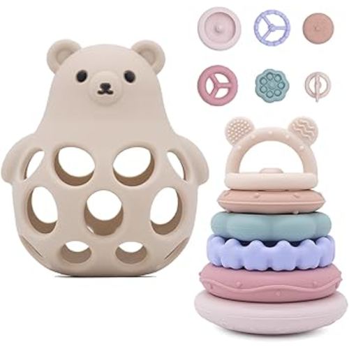 Baby Bear Teething & Stacking Toy Set - Teething Toys Silicone Teethers, Soft Baby Stacker Rings Teether, Learning Toy Gift for Boys and Girls 6+ Months (Beige)