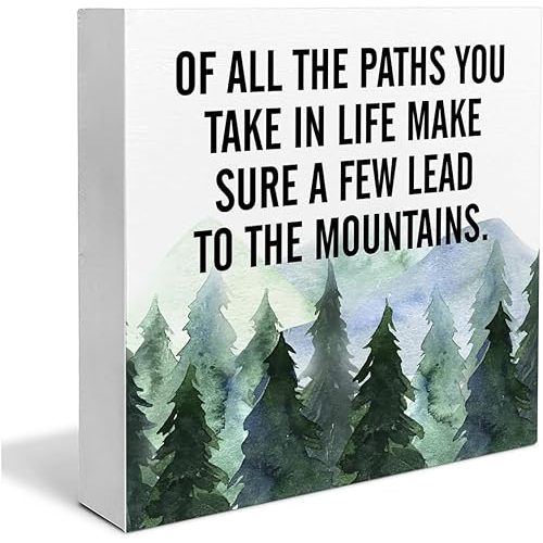 Inspirational Quote Desk Wooden Sign Decor of All the Paths You Take in Life Square Desk Decoration Watercolour Mountain Art Wood Block Box Sign for Shelf Home 5 x 5 Inches
