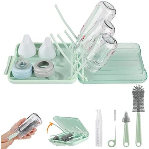 Bottle Brush Set -Baby Travel Essential-6 in 1 Bottle Cleaner Kit with Silicone Bottle Brush,Nipple Cleaner Brush,Straw Brush,Soap Dispenser,Storage Box,Bottle Drying Rack for Home and Travel(Green)