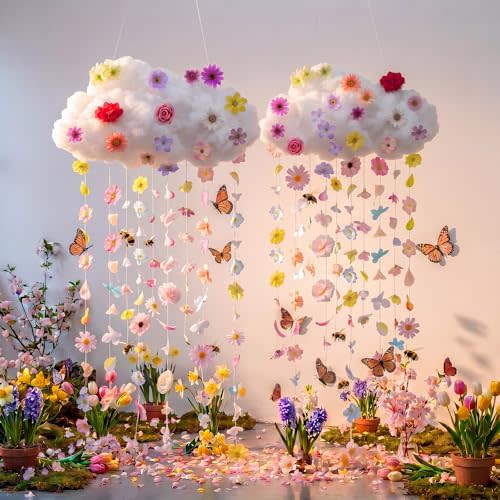 Wettarn 2 Sets 3D Hanging Cloud Decorations Artificial Flowers for Ceiling | Cotton Clouds with Butterfly Flower Garland, 11.8-13.8" Floating Props, Nursery Wedding Classroom Party Backdrop Decor
