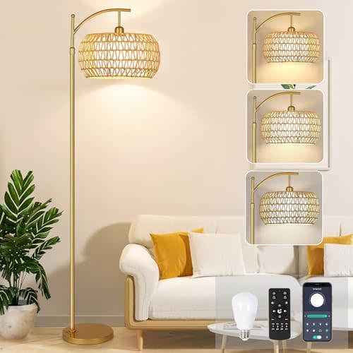 Gold Floor Lamp for Living Room with 3 Color Temperatures,Arc Boho Floor Lamps with Remote Control, Rattan Standing Lamp with Wicker Lamp Shades Dimmable Tall Floor Lamp For Bedroom Living Room Corner