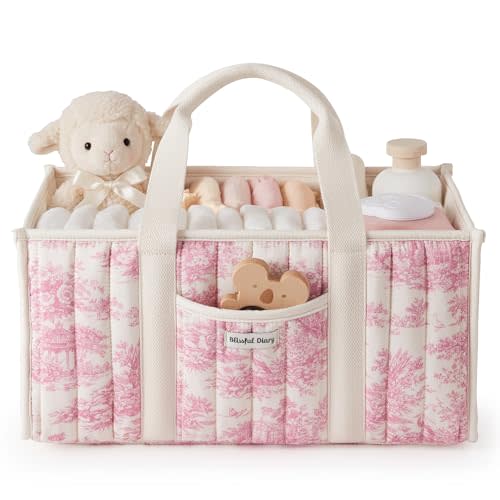 Blissful Diary Toile Diaper Caddy Organizer, Baby Diaper Basket, Pink Toile | French Vintage Toile Nursery Storage Basket, Gift for Baby Shower, Newborn Boy & Girl Essentials, Registry Search Must Have