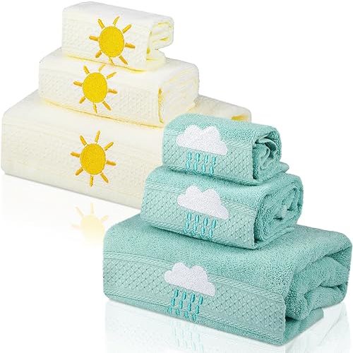 VitalCozy 6 Pcs Kids Girls Bath Towels Set 100% Cotton Cute Sun Cloud Bathroom Absorbent Soft Embroidered Decorative Baby Toddler Shower Towels for Kids Unisex Toddler Women(3 Sizes,Green, Yellow)