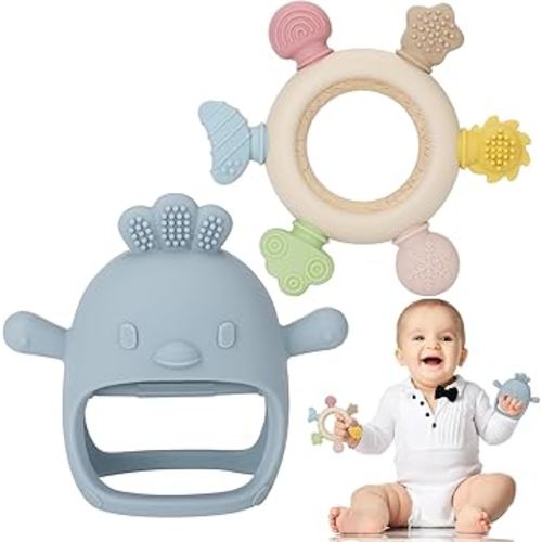 Socub 2 Pack Baby Teething Toys for Babies 0-6 Months, Silicone Teething Mitten and Wooden Ring Toy for Babies 6-12 Months, No Drop Teether Mitten and Ring Teether for Teething Relief(Dusty Blue)