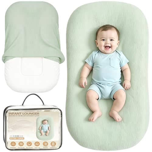 Baby Lounger & Baby Nest, Extra Large Muslin Infant Lounger for Newborns | Breathable & Soft, Portable Tummy Time Mat for Home and Travel, Essential Baby Gift, 1 Lounger + 1 Cover, Green