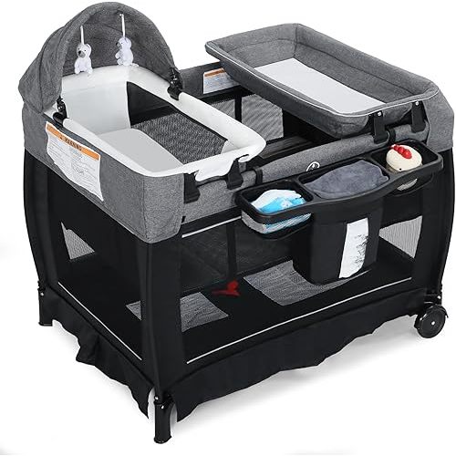 4 in 1 Multifunctional Pack and Play, Foldable Baby Playards with Changing Table & Breathable Mesh, Baby Playpen for Babies and Toddlers, Black