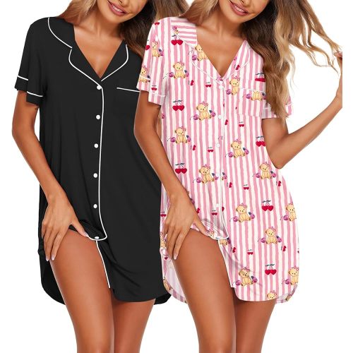 2 Pack Button Down Sleepwear Short Sleeve Sleepshirts - Medium
