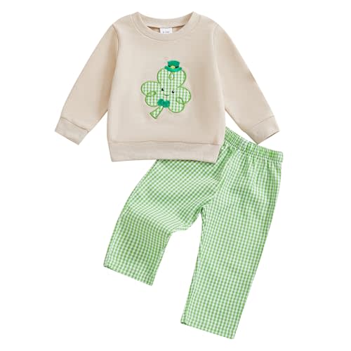 Ayalinggo St Patricks Day Baby Girl Boy Outfit Green Shamrock Long Sleeve Shirt Top Plaid Pants Set Saint Patrick's Clothes