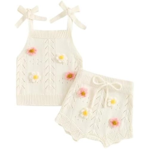 TheFound Toddler Baby Girls Knitted Outfit Tie-up Tank Top Elastic Waist Flower Shorts Summer Clothes 6 12 18 24 Months 2t 3t
