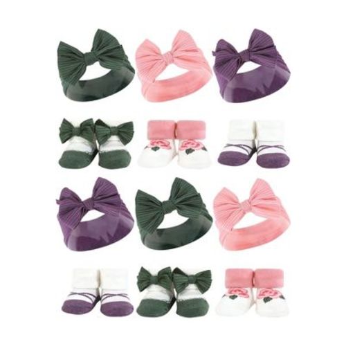 Hudson Baby Infant Girl 12Pc Headband and Socks Giftset, Purple Green, One Size