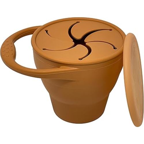 BraveJusticeKidsCo | Snack Attack Snack Cup | Collapsible Silicone Snack Container | Toddler and Baby Snack Catcher Lid (Honey Ginger)