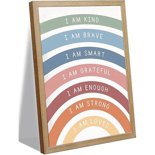 Framed Boho Rainbow Positive Affirmation Canvas Wall Art,I Am Kind Inspirational Quote Poster Prints for Kids Girl Nursery Room Classroom Playroom wall Decor 12x16in Ready to Hang