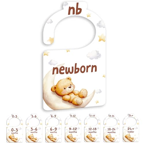 JMOST Bear Baby Closet Dividers for Nursery Closet Organizer, Newborn to 24 Months Size Clothes, Bear Moon Hangers with Size Dividers, Double Sided