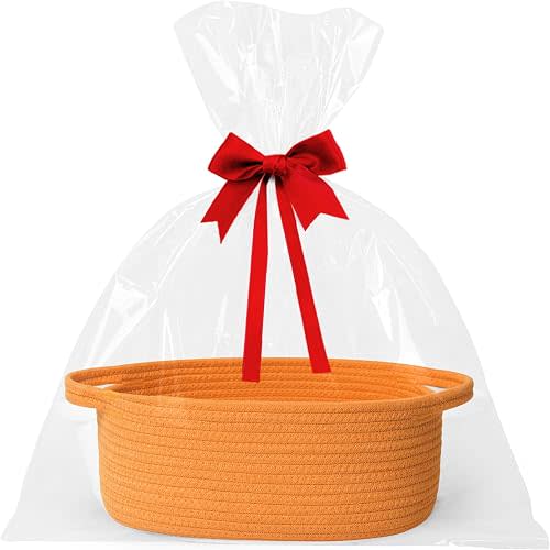WILLITAT Orange Basket for Gifts Empty, 13"x 9"x 5" Small Woven Gift Basket with Bag and Ribbon, Cotton Rope Dog Cat Toy Bin Box, Cute Baby Nursery Organizer, Decorative Storage with Handles, Orange