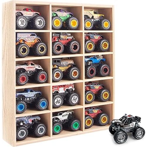 Wood Monster Trucks Display Case, 15-Slot Organizer for Monster Trucks Storage - Detachable Shelves, Wall-Mountable with Hanging Screws Included (Wood)