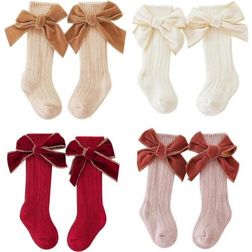 Merqwadd 4-Pack Baby Girls Knee High Socks Infants Toddlers Bow Knit Socks Cotton Tube Ruffled Stockings