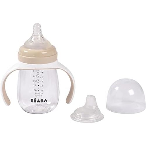 BEABA 2-in-1 Baby Bottle to Transition Sippy Cup, No Spill Sippy Cup, Includes Removable Handles, Silicone Baby Bottle Nipple and Soft Spout, 7 oz Oat
