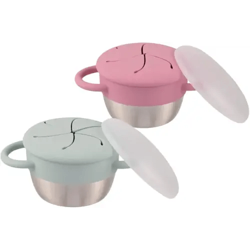 Elk and Friends Stainless Steel Snack Cups | Removable Silicone Food Catcher and Travel Lid | Spill-Proof Snack Containers for Baby, Toddler, Kids | Dishwasher Safe | 2 Pack