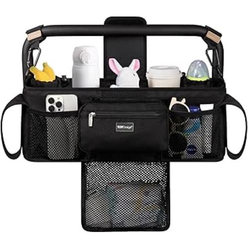TOPDesign Universal Baby Stroller Organizer, Double Stroller Caddy with Detachable Mesh Bag & Heightened Insulated Cup Holders & Non-Slip Secure Hooks Accessories, Fits Most Strollers (Black)
