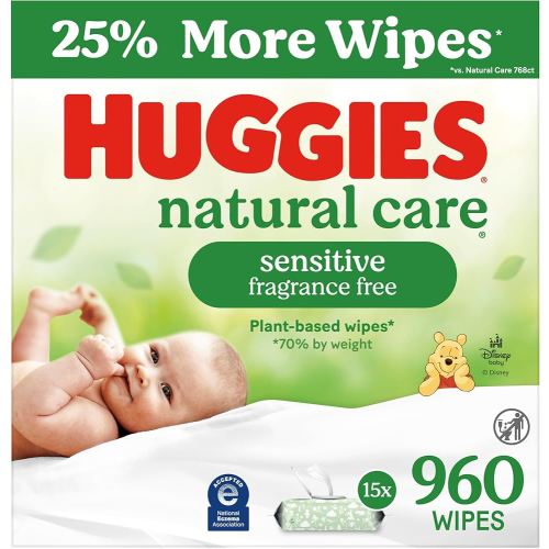 Huggies Natural Care Sensitive - Toallitas para bebé, sin perfume, hipoalergénicas, 99 % de agua purificada, 15 paquetes abatibles (960 toallitas en total)