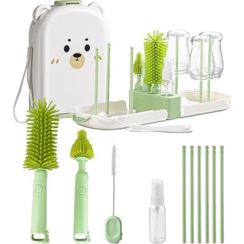 Travel Baby Bottle Cleaner Kit with Storage Case – 6-in-1 Compact Bottle Brush Set for Infant Feeding, Breast Pump Parts & On-The-Go Washing – Baby Travel Essentials for Flying (Green)