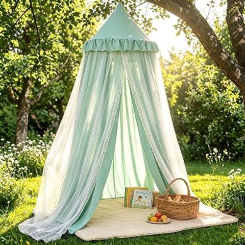 Kertnic Princess Bed Canopy for Girls, Double Layer Round Bed Mosquito Net, 31.5" Large Dome Indoor Castle Bed Tent, Sleeping & Reading Nook Curtain for Boys Girls (Green)