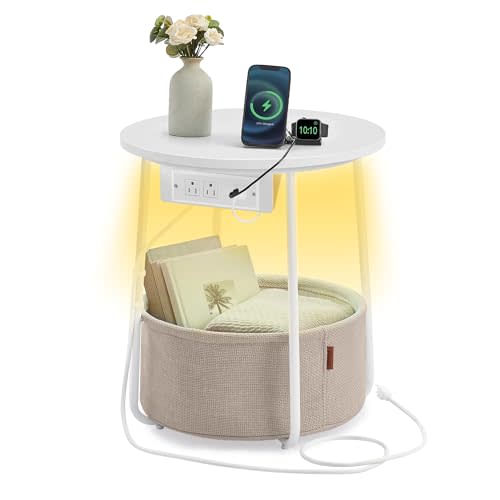 VASAGLE Side Table with Charging Station, Round End Table with Fabric Basket, LED Nightstand with Power Outlets, USB Ports, for Living Room, Bedroom, Modern, Matte White and Camel Brown ULET227W01