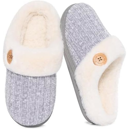 Evshine Women's Chenille Knit Fuzzy Slippers Memory Foam Warm House Shoes
