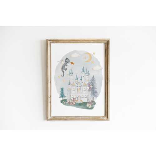 Watercolor Castle Nursery Wall Art Dragon Nursery Art Magical Print Baby Room Wall Decor Whimsical Illustration Fairytale Nursery DRK10-A1