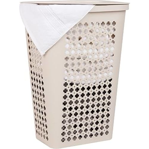 Mind Reader Slim Tapered Laundry Hamper with Lid, Clothes Basket with Swiss Cross Cut-Outs, Lightweight & Ventilated, Plastic, 16.75"L x 12.75"W x 23"H, Ivory