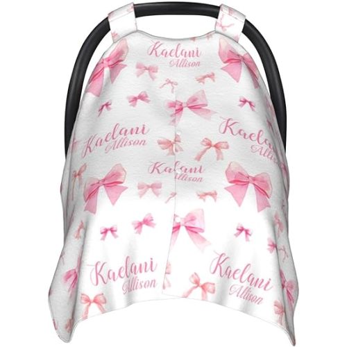Personalized Baby Car Seat Canopy for Babies, Custom Name Pink Bow Baby Car Seat Covers for Girls, Opening Minky Nursing Breastfeeding Cover for Infant, Carseat Canopies for Newborn